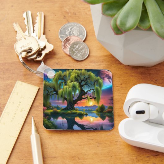 満月の下の柳の木N星空の夕日 キーホルダー (デスク)