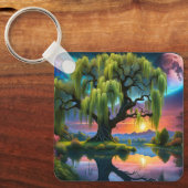 満月の下の柳の木N星空の夕日 キーホルダー (正面)