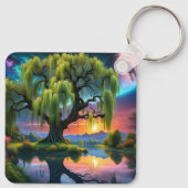 満月の下の柳の木N星空の夕日 キーホルダー (裏面)