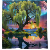 満月の下の柳の木N星空の夕日 シャワーカーテン (正面)