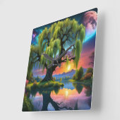 満月の下の柳の木N星空の夕日 スクエア壁時計 (傾斜)