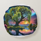 満月の下の柳の木N星空の夕日 ラウンドクッション (裏面)