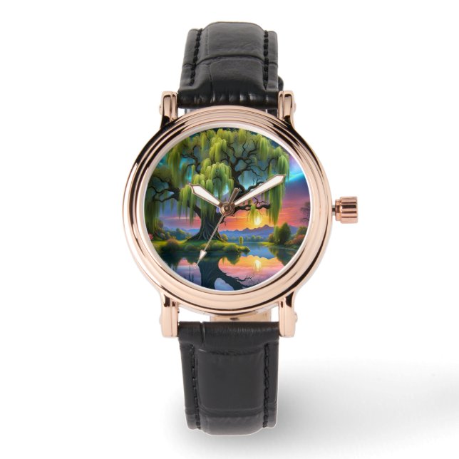 満月の下の柳の木N星空の夕日 腕時計 (正面)