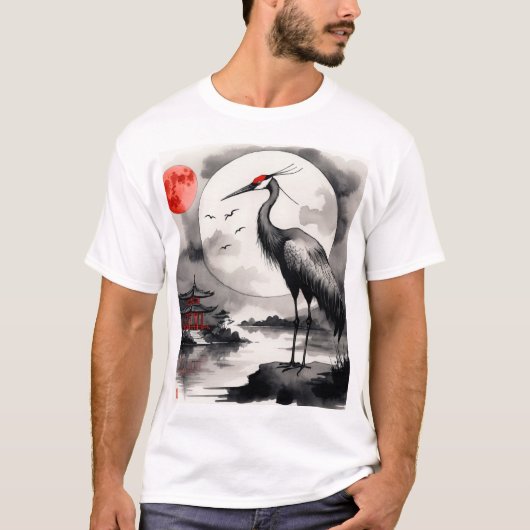 満月の下の深紅の鶴 Tシャツ (正面)