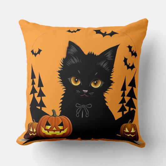 満月の下の漫画の猫とカボチャ クッション (正面)