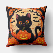 満月の下の漫画の猫とカボチャ クッション (裏面)