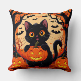 満月の下の漫画の猫とカボチャ クッション