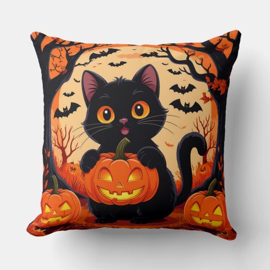 満月の下の漫画の猫とカボチャ クッション (正面)