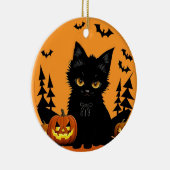 満月の下の漫画の猫とカボチャ セラミックオーナメント (右)