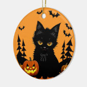 満月の下の漫画の猫とカボチャ セラミックオーナメント (左)