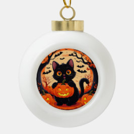 満月の下の漫画の猫とカボチャ セラミックボールオーナメント