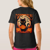 満月の下の漫画の猫とカボチャ Tシャツ (裏面)