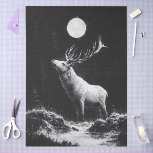満月の下の神秘的な牡鹿 薄葉紙 (クラフト)