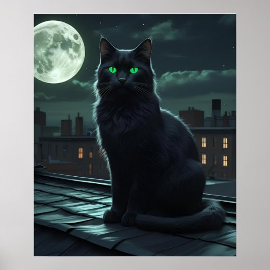 満月の下の神秘的な黒猫 ポスター (正面)
