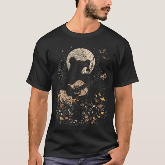 満月の位相 サイクル コテージコア ベア ギター演奏 Tシャツ (正面)