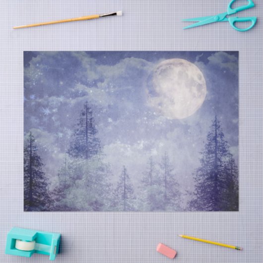 満月の冬の松の木の森の切り離し 薄葉紙 (クラフト)