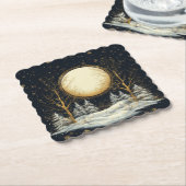 満月の冬の松の木の森の雪 ペーパーコースター (アングル)