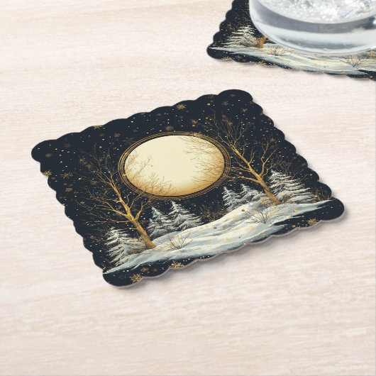 満月の冬の松の木の森の雪 ペーパーコースター (アングル)