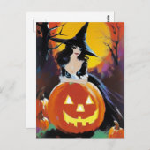 満月の前にカボチャを持つ魔女 ポストカード (正面/裏面)