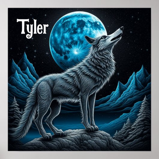 満月の前に立つ狼 | AIアート ポスター (正面)