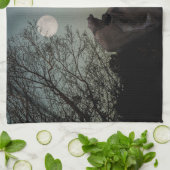 満月の前の木に黒猫 キッチンタオル (折り畳み)