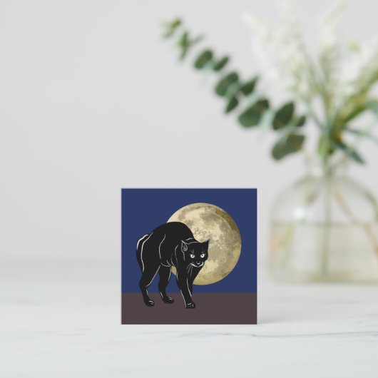満月の夜にハロウィーンで遊ぶ黒猫 スクエア名刺 (スタンド正面)