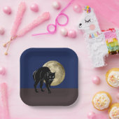 満月の夜にハロウィーンで遊ぶ黒猫 ペーパープレート (パーティー)