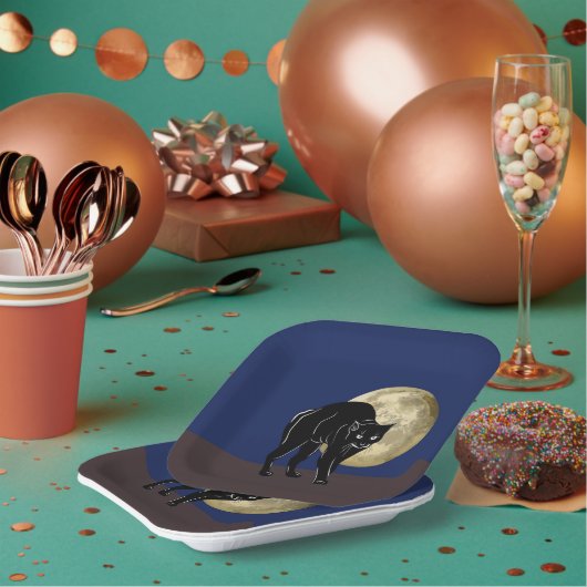 満月の夜にハロウィーンで遊ぶ黒猫 ペーパープレート (複数)