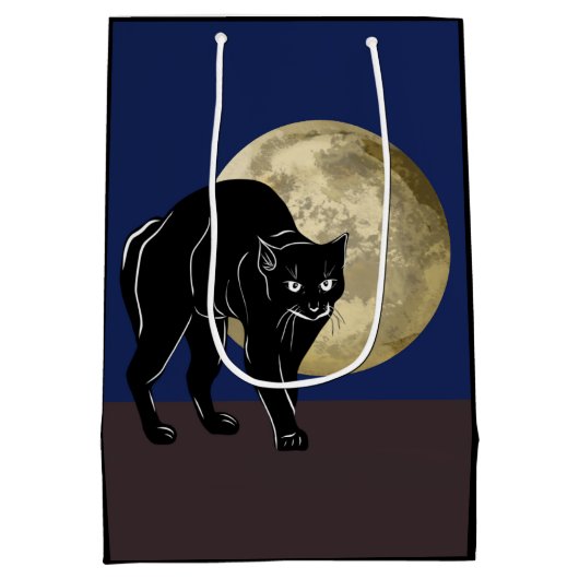 満月の夜にハロウィーンで遊ぶ黒猫 ミディアムペーパーバッグ (裏面)