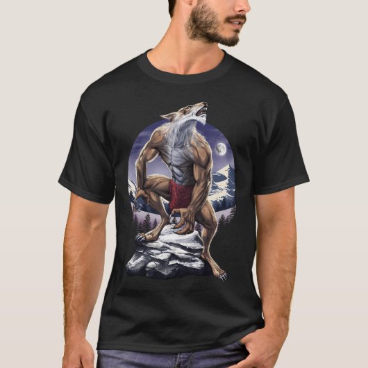 満月の夜に吠えるワーウルフ Tシャツ (正面)