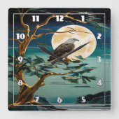 満月の夜に木に止まったワシ スクエア壁時計 (正面)