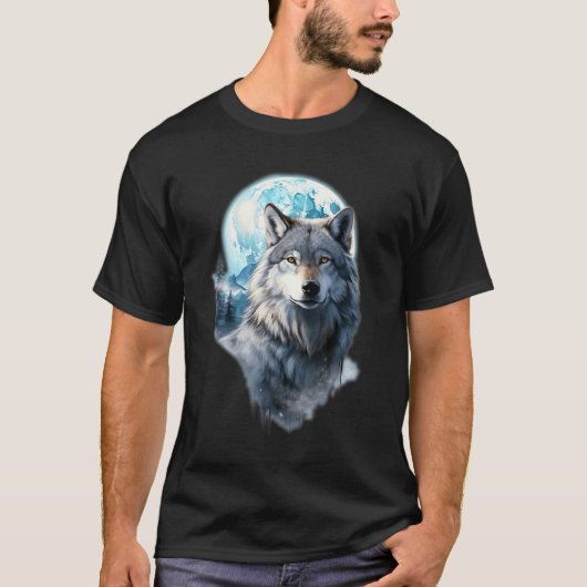 満月の夜に遠吠えするオオカミのグラフィック , Tシャツ (正面)