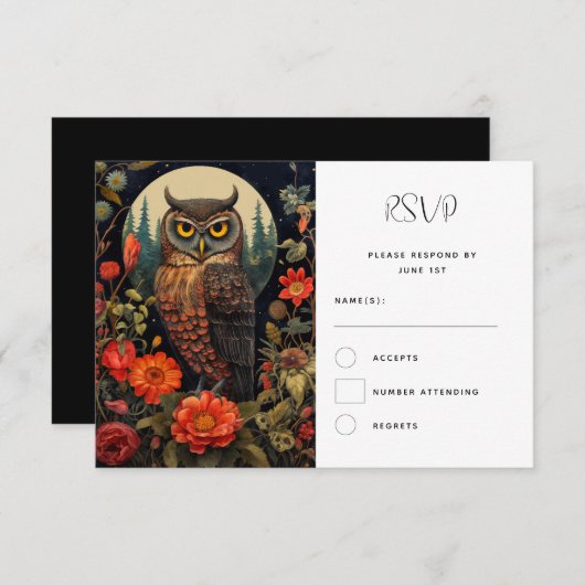 満月の夜のフクロウ結婚ル 出欠カード (正面/裏面)