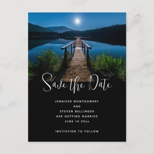 満月の夜の桟橋で セーブ・ザ・デート インビテーションポストカード (正面)