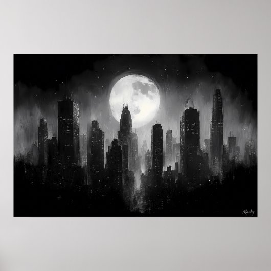 満月の夜の都市スカイライン 黒白 ポスター (正面)