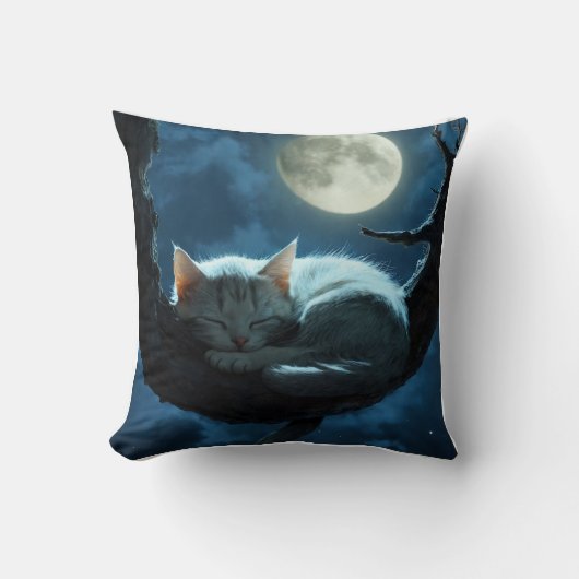 「満月の夜枕に心地よい猫 – ドリーミー・スリープ クッション (正面)