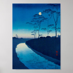 満月の夜、高峰庄田木版画 ポスター