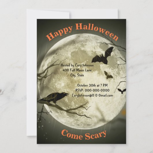 満月の夜、黒いカラス、こうもり、ハロウィーン 招待状 (正面)