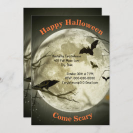 満月の夜、黒いカラス、こうもり、ハロウィーン 招待状