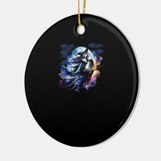 満月の女性飛んでいるの子供の上に白い魔女 セラミックオーナメント (左)