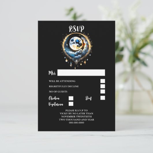 満月の星空の夜のエレガント反応 出欠カード (スタンド正面)