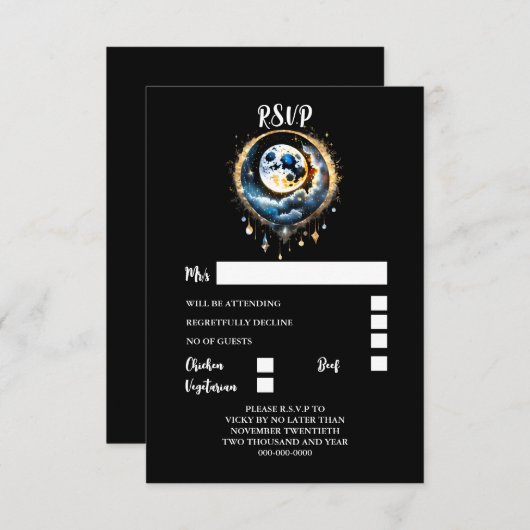 満月の星空の夜のエレガント反応 出欠カード (正面/裏面)