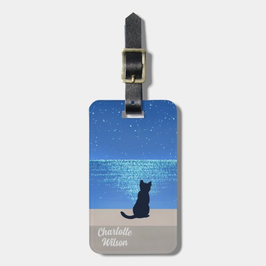 満月の星空の夜の黒猫 ラゲッジタグ (正面縦)