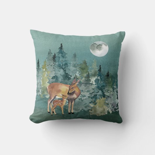 満月の森でシカと鹿を見る クッション (正面)