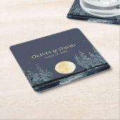 満月の森と湖の結婚ナプキン スクエアペーパーコースター (アングル)