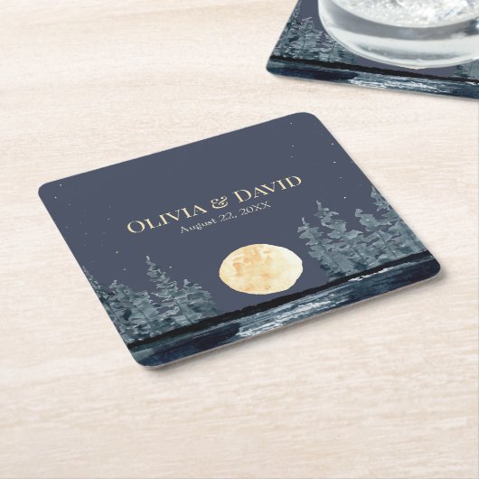 満月の森と湖の結婚ナプキン スクエアペーパーコースター (アングル)