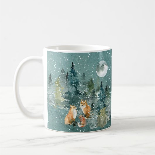 満月の森のキツネ家族 雪降る夜 コーヒーマグカップ (左)