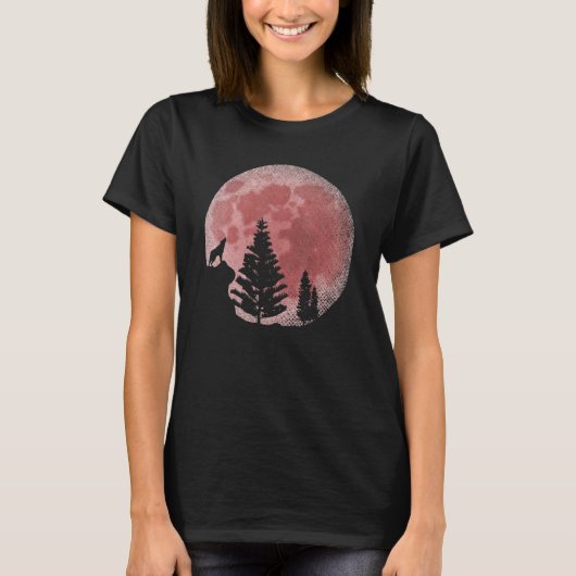 満月の森の動物プレデター赤い月のハウリング Tシャツ (正面)