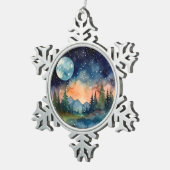 満月の森の水色の夜空 スノーフレークピューターオーナメント (右)