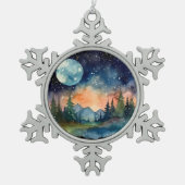 満月の森の水色の夜空 スノーフレークピューターオーナメント (正面)